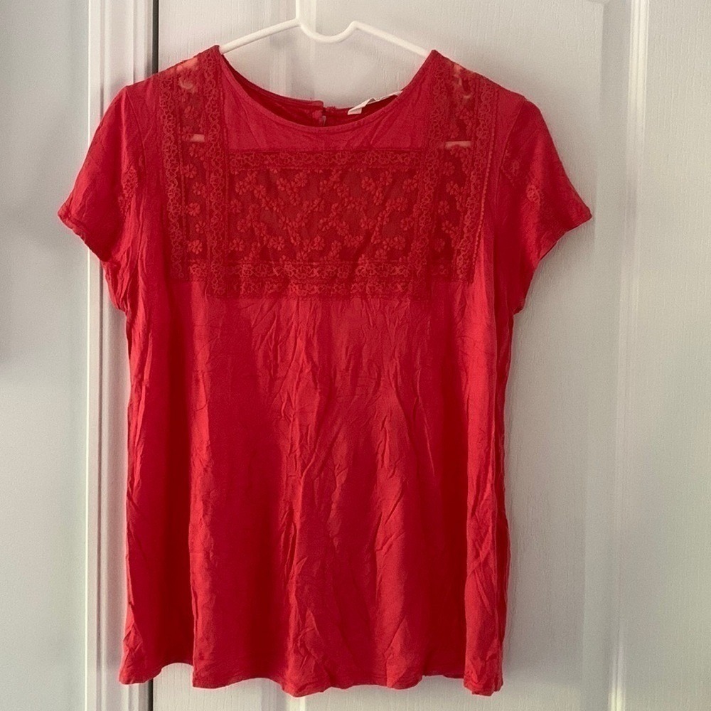 NAF NAF Paris Lace blouse shirt sleeve top Size M salmon color red pink romantic
